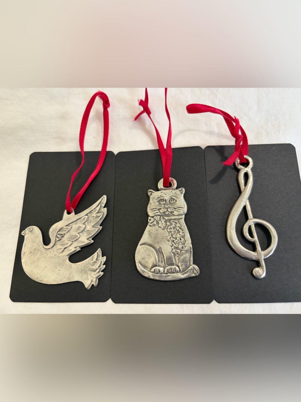 3 Pewter Dove, Cat & Treble Clef Hanging Ornaments with Red Ribbon
